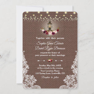 Vintage Lace Burlap Lantern String Lights Wedding Invitation