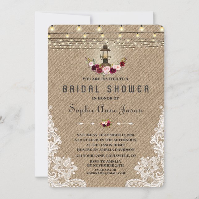 Vintage Lace Burlap String Lights Bridal Shower Invitation (Front)