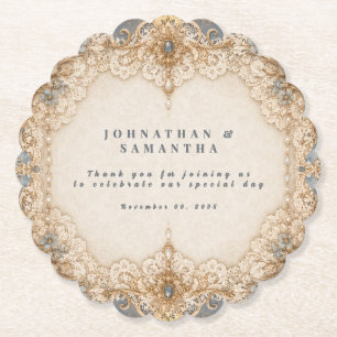 Vintage lace country wedding ivory taupe paper coaster