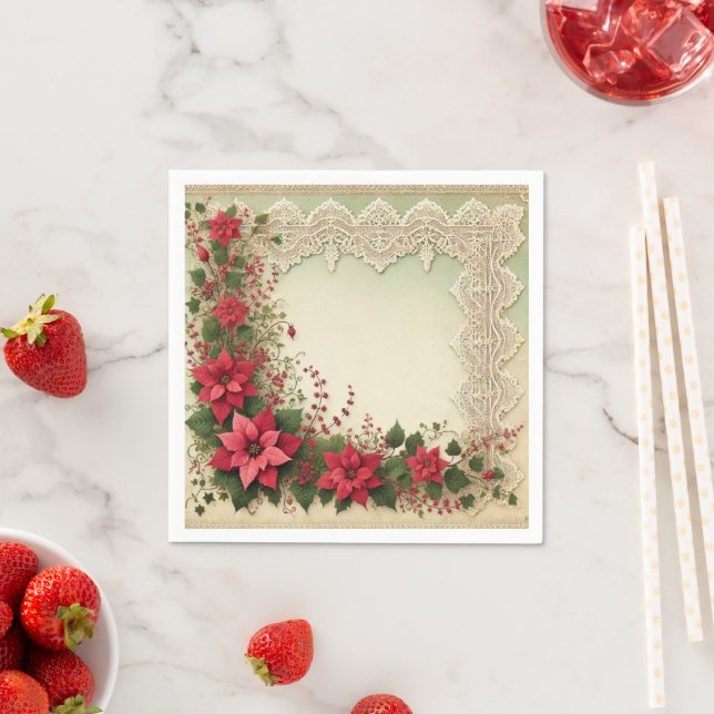 Vintage Lace Floral Poinsettia Frame Decoupage Napkin (Insitu)
