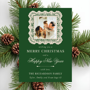 Vintage Lace Forest Green & Ivory Christmas Photo Holiday Card