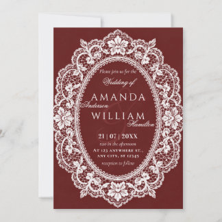 Vintage Lace Frame Burgundy Wedding Invitation