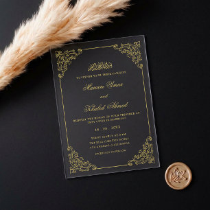 Vintage Lace Frame Gold Calligraphy Muslim Wedding Acrylic Invitations