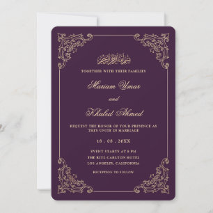 Vintage Lace Frame Gold Plum Purple Muslim Wedding Invitation