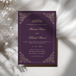Vintage Lace Frame Gold Plum Purple Muslim Wedding Invitation