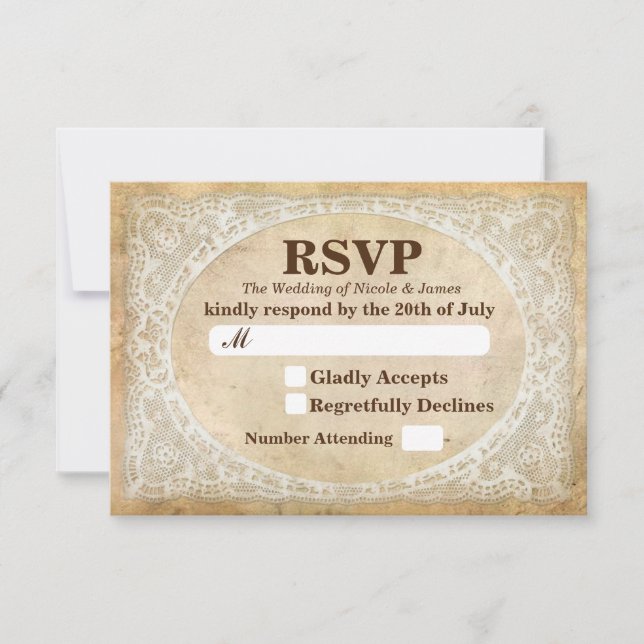 Vintage Lace Frame Rustic Romantic Wedding RSVP Card (Front)