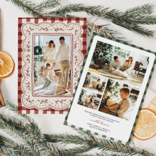 Vintage Lace Gingham Family Photo Christmas Holiday Card