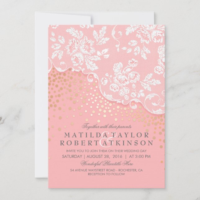 Vintage Lace Gold Confetti Pink Wedding Invitation (Front)