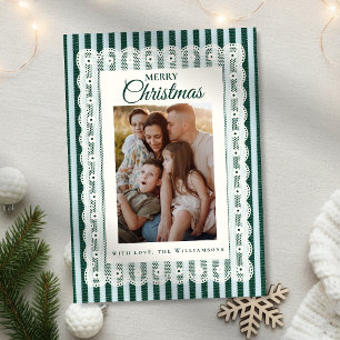 Vintage Lace Green Stripe One Photo Christmas Holiday Card