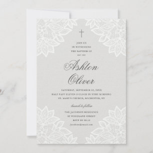 Vintage Lace Grey Religious Baptism & Christening Announcement