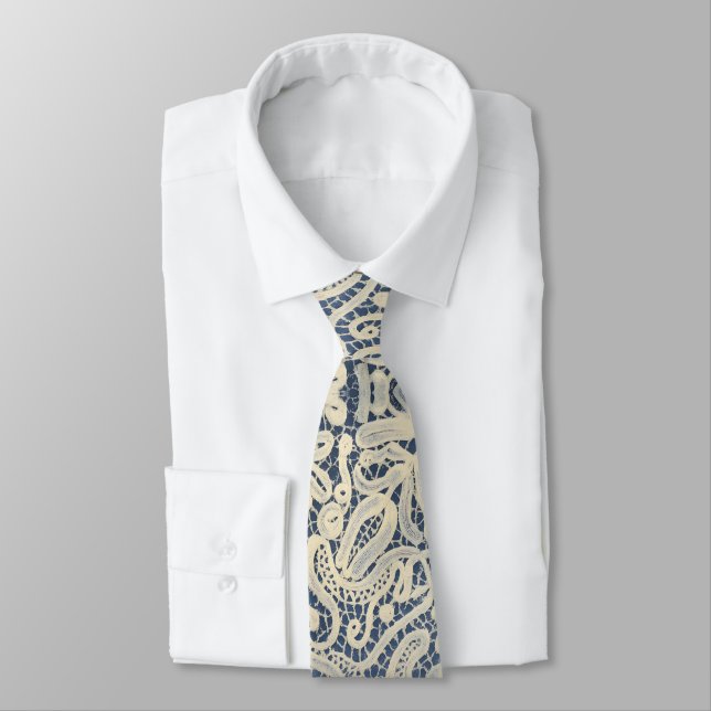 Vintage Lace-Inspired Pattern in Navy Champagne  Tie (Tied)