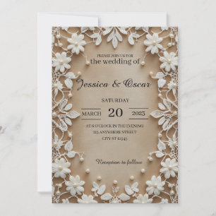 Vintage Lace Ivory Embroidery Pearl Detail Wedding Invitation
