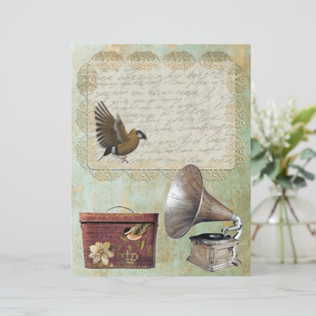 Vintage Lace Label Gramophone Hat Box Gold Paper (Standing Front)