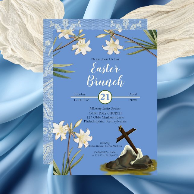 Vintage Lace | Lilies | Rugged Cross Easter Brunch Invitation (Old Rugged Cross and Lilies Easter Brunch Invitation)
