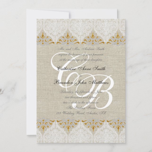 Vintage Lace Linen Gold Wedding Monogram Damask Invitation (Front)