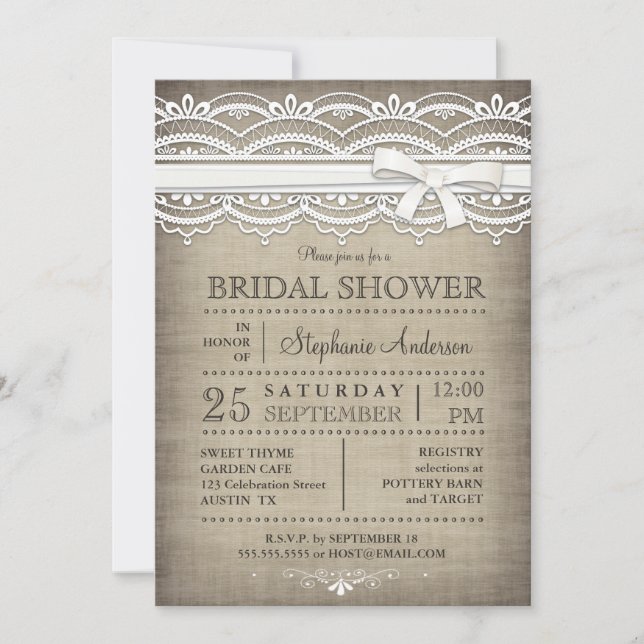Vintage Lace & Linen Rustic Country Bridal Shower Invitation (Front)