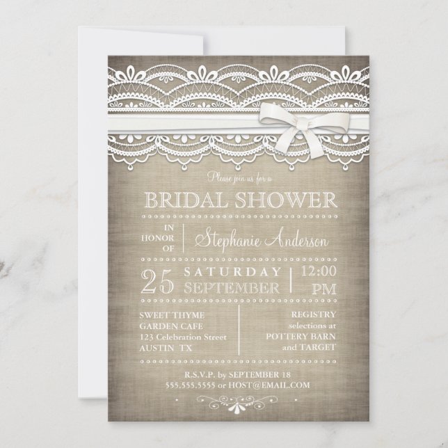Vintage Lace & Linen Rustic Country Bridal Shower Invitation (Front)