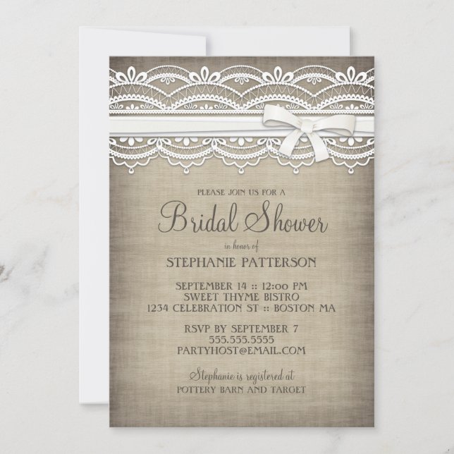 Vintage Lace & Linen Rustic Elegance Bridal Shower Invitation (Front)