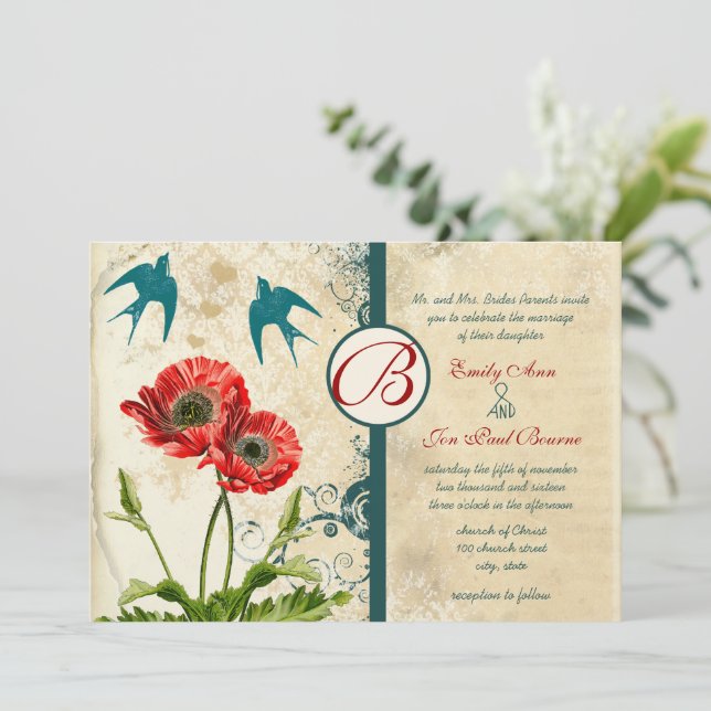 Vintage Lace Lovebirds Damask Red Poppy Wedding Invitation (Standing Front)