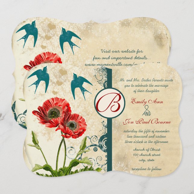 Vintage Lace Lovebirds Damask Red Poppy Wedding Invitation (Front/Back)