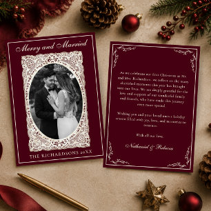 Vintage Lace Merry & Married Burgundy Christmas Holiday Card