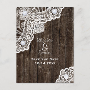 Vintage lace, old brown wood wedding Save the Date Announcement Postcard