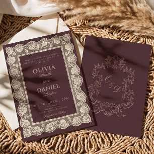 Vintage Lace Oldmoney Burgundy Monogram Wedding Invitation