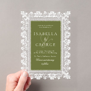Vintage Lace Olive green Old Money Wedding Acrylic Invitations