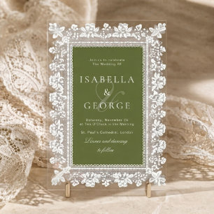 Vintage Lace Olive green Old Money Wedding Acrylic Invitations