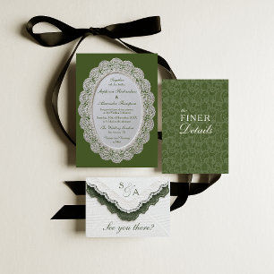 Vintage Lace Olive Green Photo QR Code Wedding Invitation