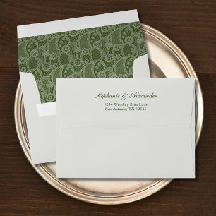 Vintage Lace Olive Green Pre Addressed Wedding Envelope