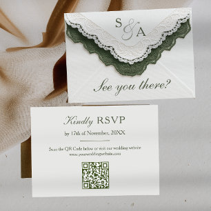Vintage Lace Olive Green QR Code Unique Wedding RSVP Card