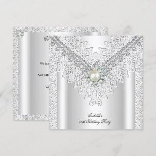 Vintage Lace Pearl Silver White Elegant Birthday Invitation