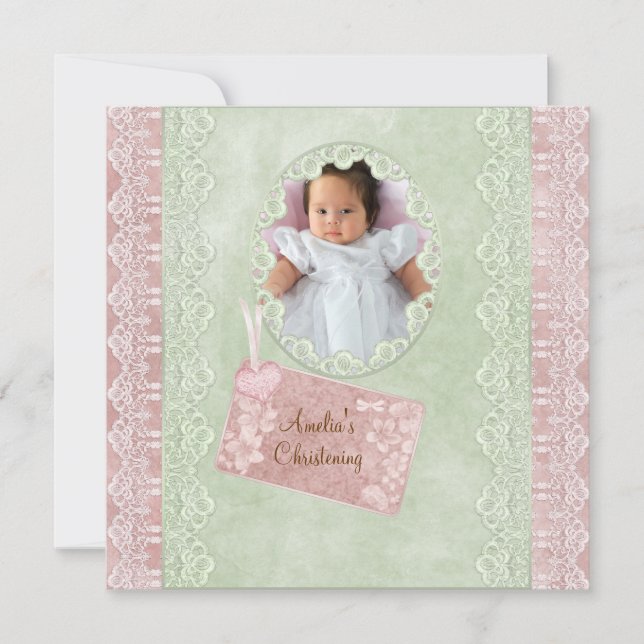 Vintage Lace Pink Green Girl Photo Christening Invitation (Front)