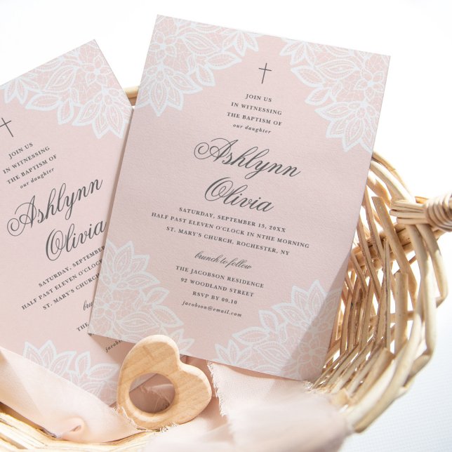 Vintage Lace Pink Religious Baptism & Christening Announcement (Creator Uploaded)