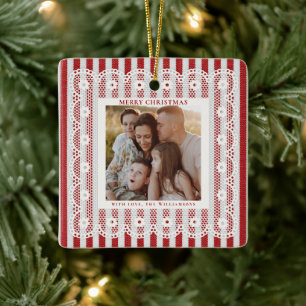 Vintage Lace Retro Red Stripes One Photo Christmas Ceramic Ornament