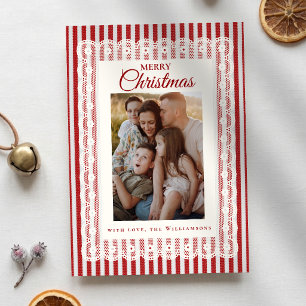 Vintage Lace Retro Red Stripes One Photo Christmas Holiday Card
