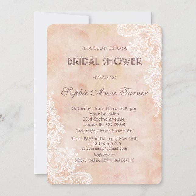 Vintage Lace Roses Old Paper Bridal Shower Invite (Front)
