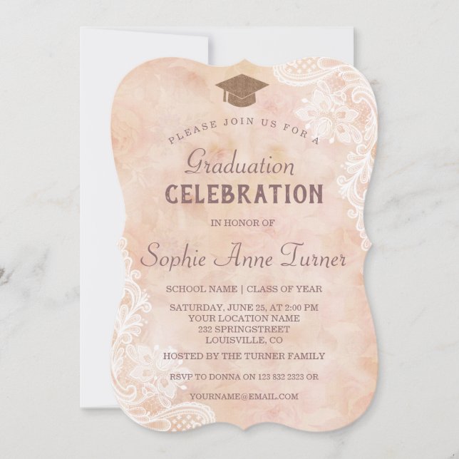 Vintage Lace Roses Old Paper Graduation Party Invitation (Front)