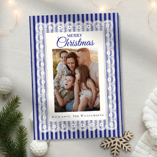 Vintage Lace Royal Blue Stripe One Photo Christmas Holiday Card