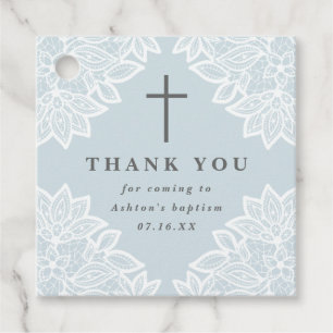 Vintage lace sky blue baptism thank you favour tag