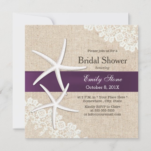 Vintage Lace Starfish Purple Ribbon Bridal Shower Invitation (Front)