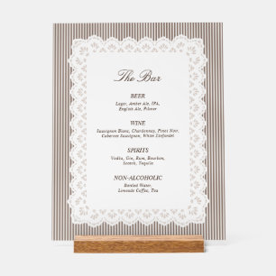 Vintage Lace Stripes Brown Wedding Bar Menu Acrylic Sign