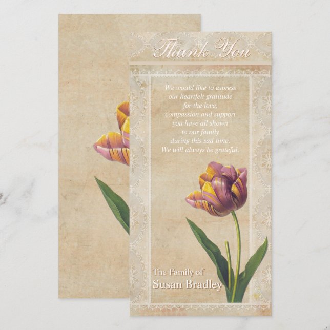 Vintage Lace Tulips Sympathy Thank You Photo Card (Front/Back)