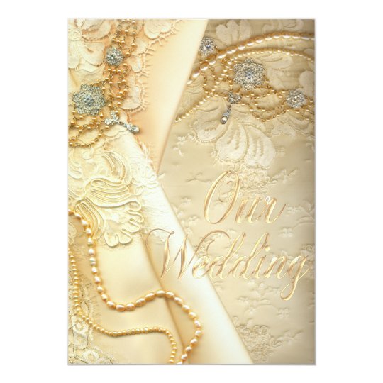 Vintage Lace Wedding Dress and Pearls Wedding Card