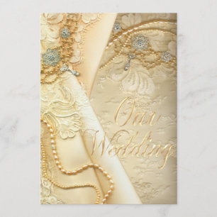 Vintage Lace Wedding Dress and Pearls Wedding Invitation