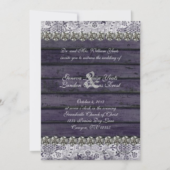 Vintage Lace Wood Rhinestone Wedding Invitation (Front)