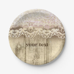 Vintage Lace & Wood Rustic Wedding Party Plates