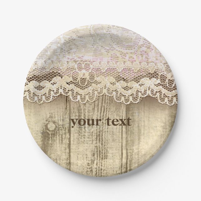Vintage Lace & Wood Rustic Wedding Party Plates (Front)