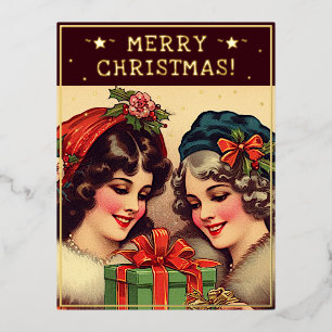 Vintage Ladies Christmas Theme Greetings Retro Pic Foil Holiday Postcard